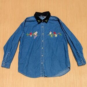 Vintage Basic Edition Holiday Top Christmas Denim Velvet Long Sleeve Women Large